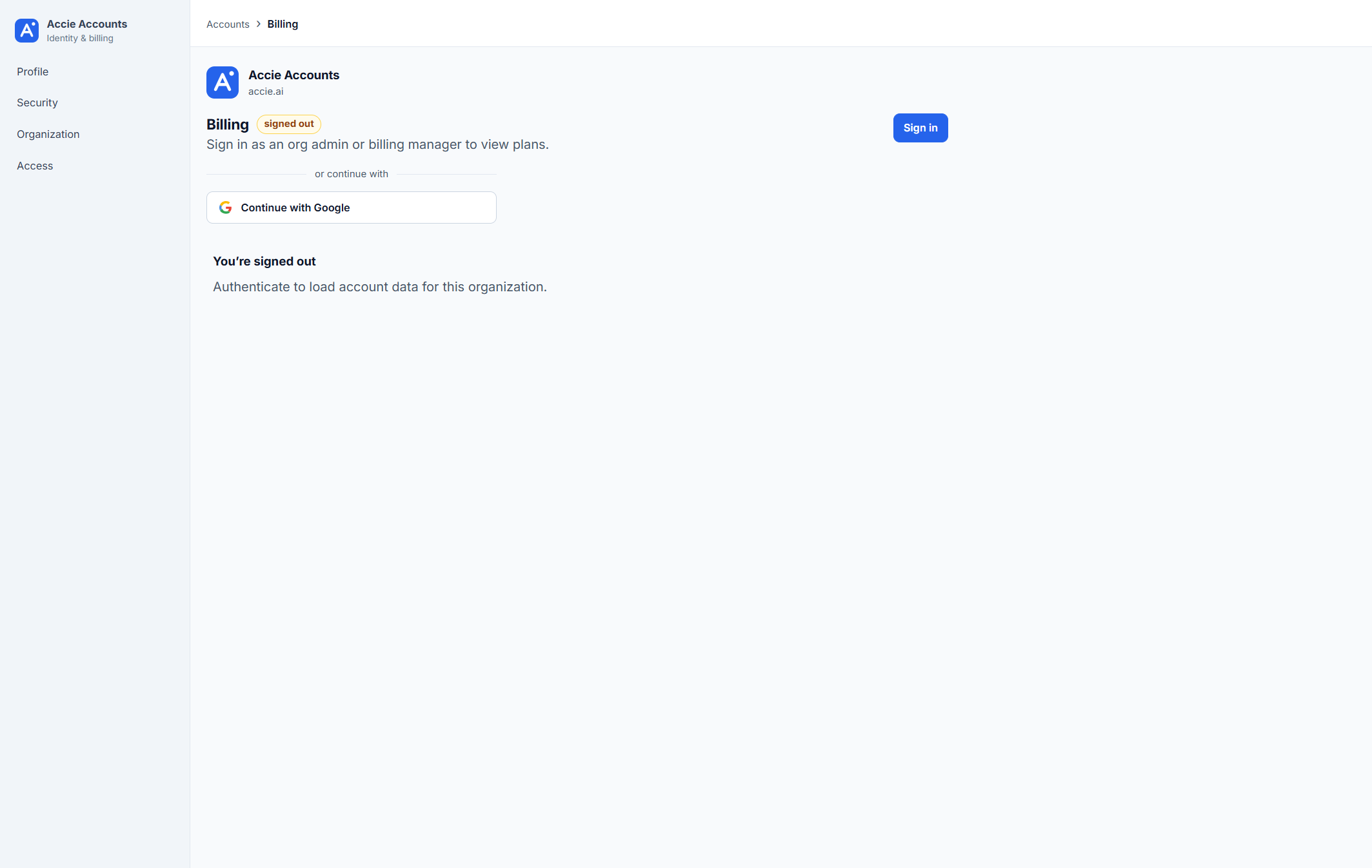 Accie Accounts billing page while signed out, asking an org admin to sign in