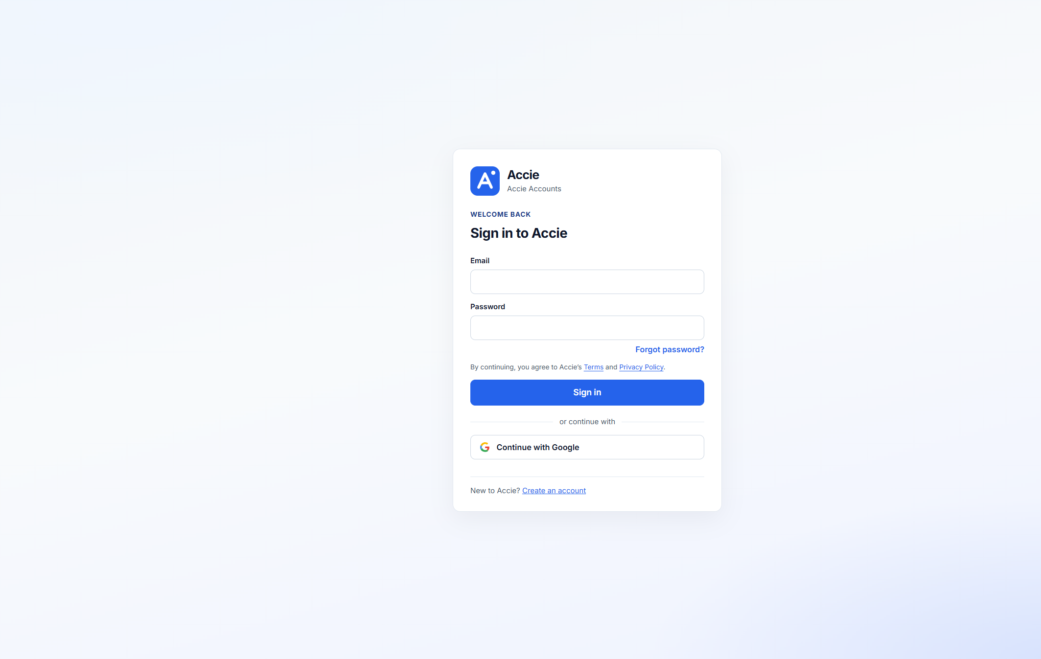 Accie Accounts sign-in card with email, password, Sign in, and Continue with Google