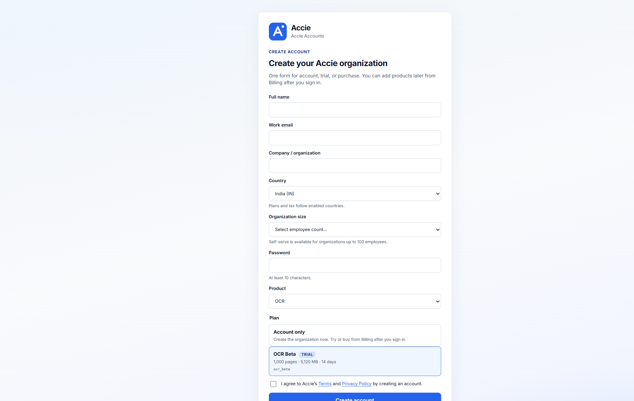 Accie Accounts create-organization form with OCR product and OCR Beta trial selected, country India