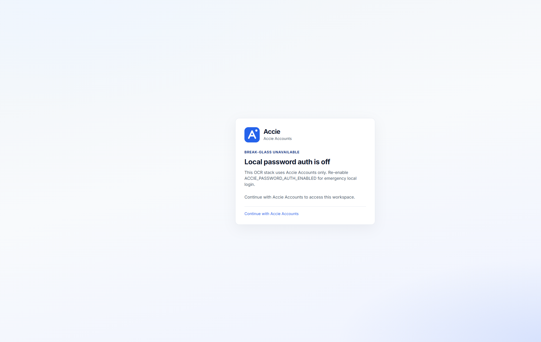 OCR login explaining password auth is off and linking Continue with Accie Accounts